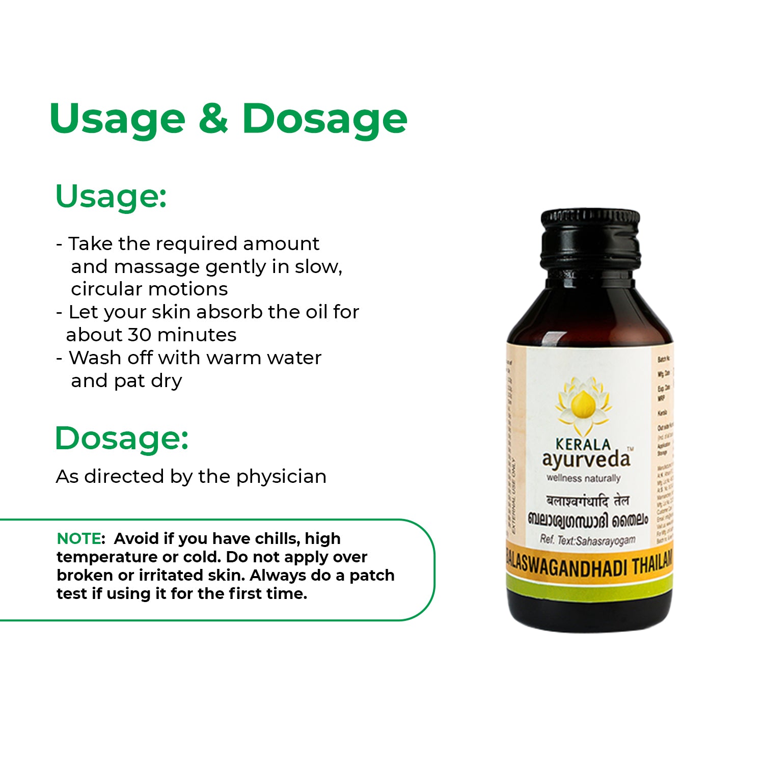 Usage & dosage graphic – Step-by-step instructions beside the bottle showing how to massage the baby-friendly bala ashwagandha oil in slow circular motions, let it absorb for 30 minutes and rinse, plus physician-advised dosage note – Kerala Ayurveda India
