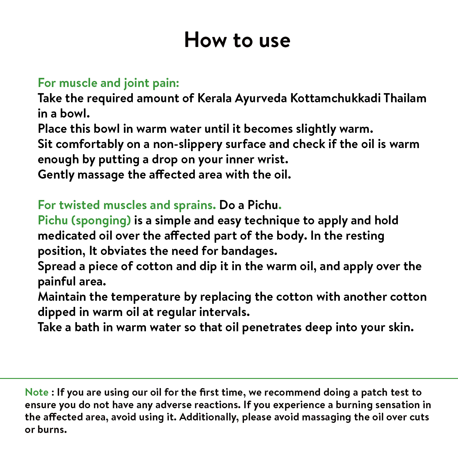 How-to-use panel: Text instructions and icons explaining warming the oil and gentle massage (plus Pichu sponging for sprains), highlighting practical steps for maximising kottamchukkadi thailam effectiveness – Kerala Ayurveda India