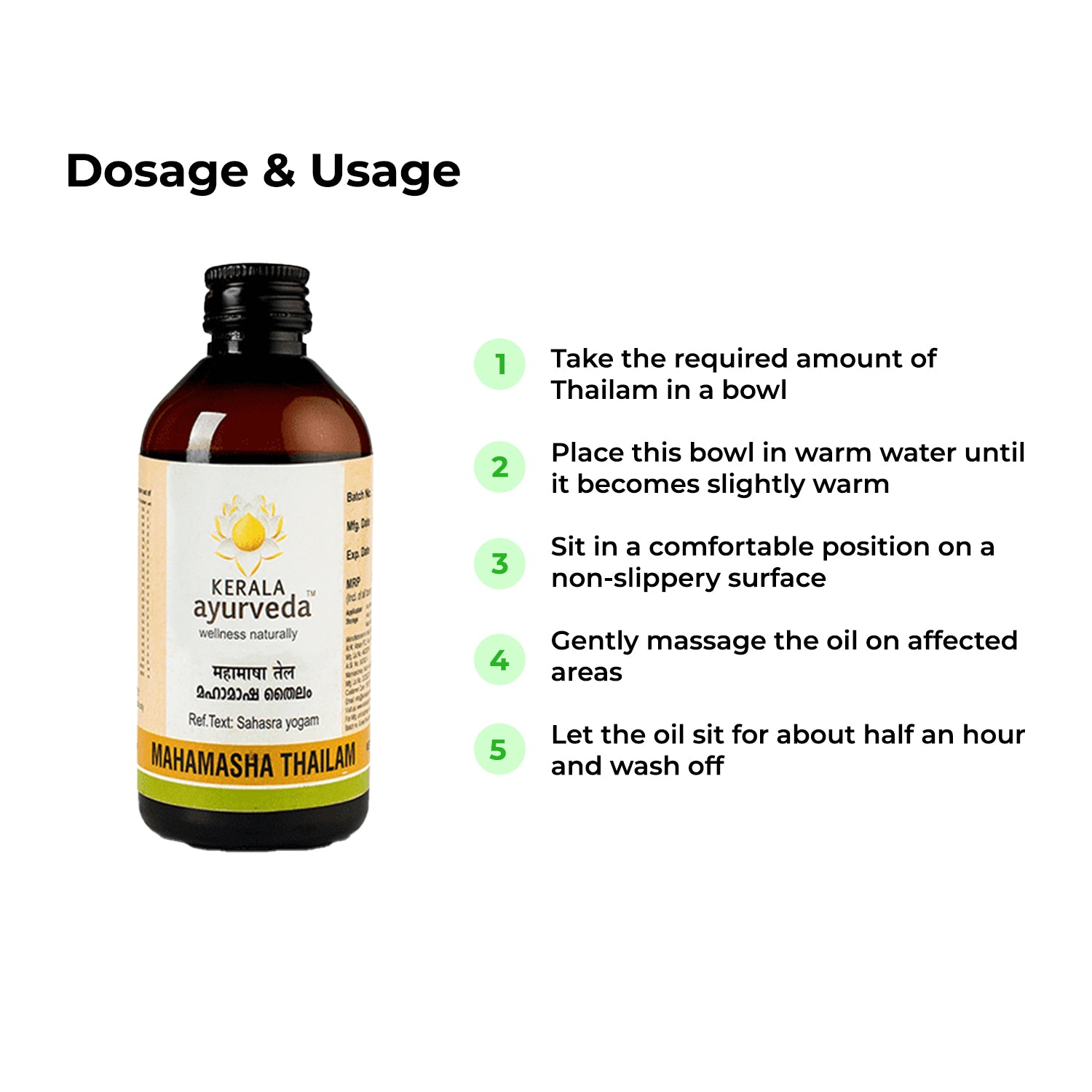 Banner titled "Dosage & Usage" for Mahamasha Thailam, providing five steps for application: taking oil in a bowl, warming it, sitting comfortably, gently massaging, and letting it sit for half an hour before washing off. – Kerala Ayurveda India