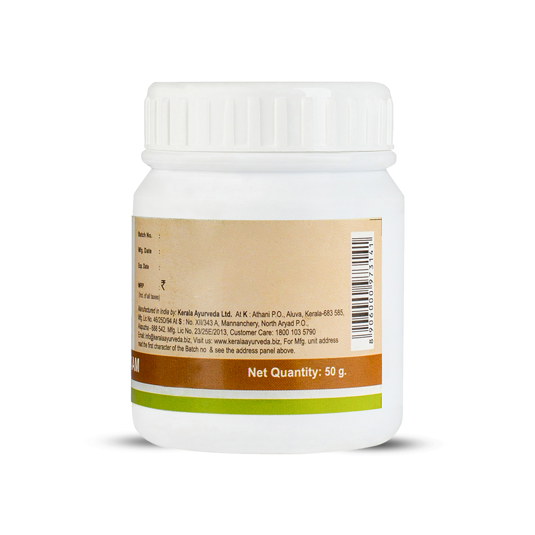 Back label of the jar showing batch/expiry fields, manufacturer and customer-care details, barcode and “Net Quantity: 50 g” text.