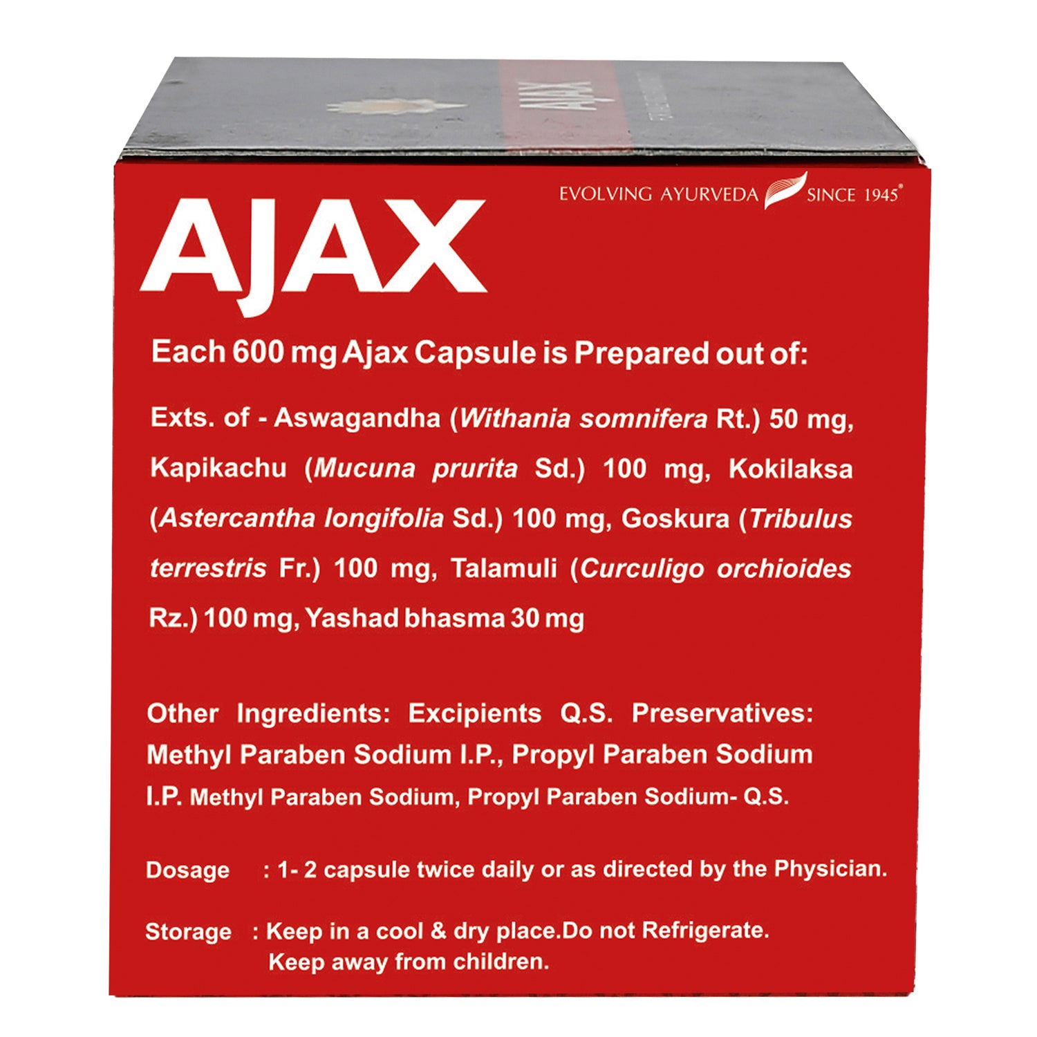 Side view of the Kerala Ayurveda Ajax Capsule box, detailing ingredients per 600 mg capsule, including Ashwagandha, Kapikachu, and Kokilaksa. Dosage (1-2 capsules twice daily) and storage instructions are also visible. – Kerala Ayurveda India