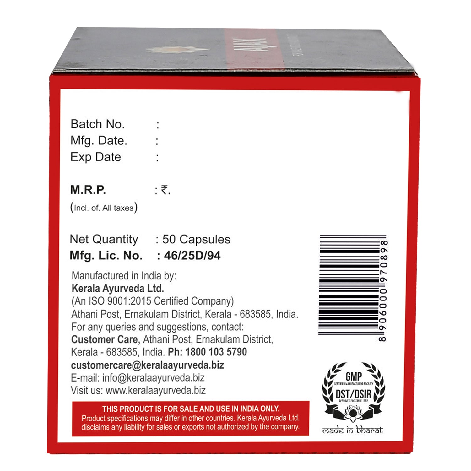 Back view of the Kerala Ayurveda Ajax Capsule box, showing net quantity 50 Capsules, manufacturing details by Kerala Ayurveda Ltd., customer care contact, and a barcode. – Kerala Ayurveda India