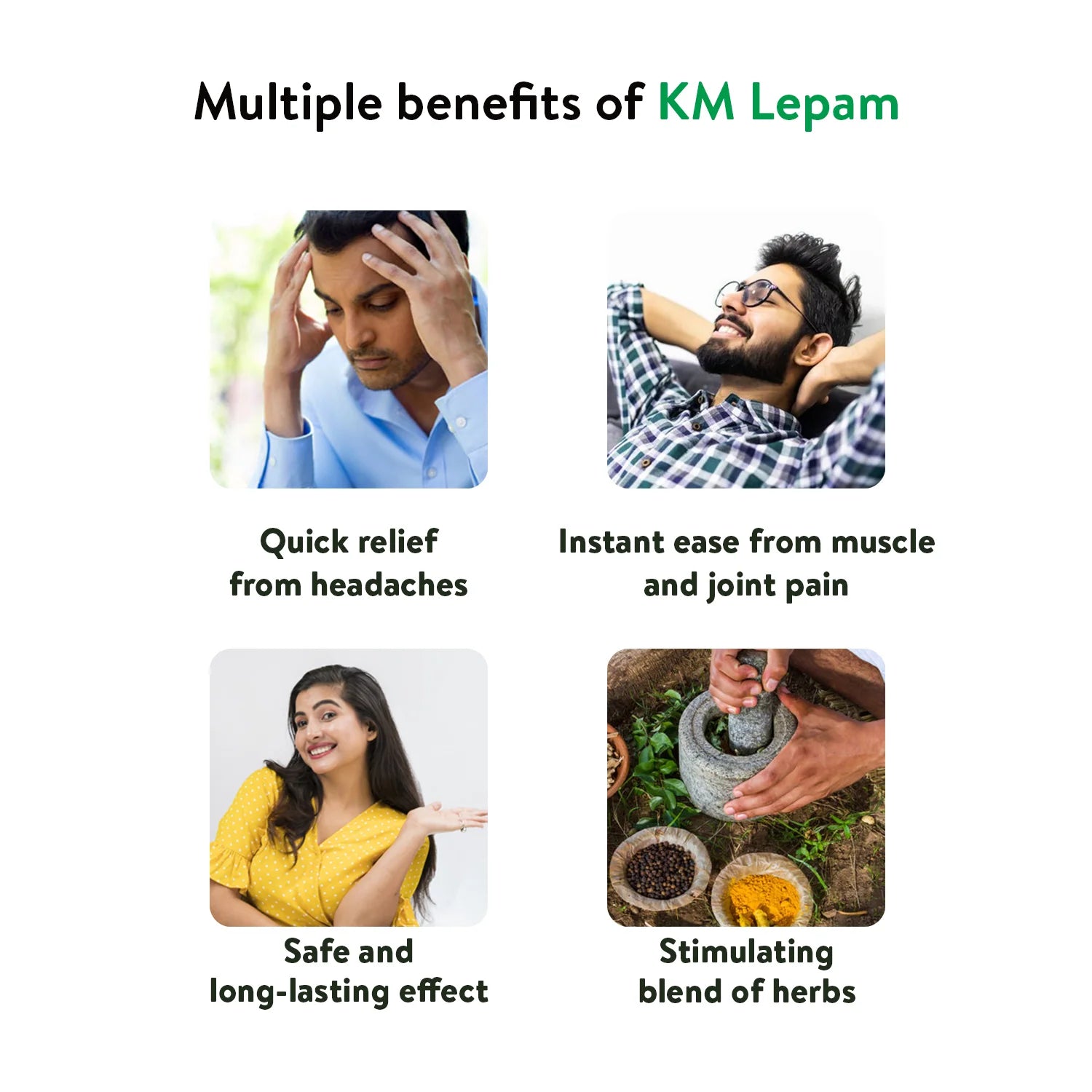 Banner highlighting KM Lepam benefits such as headache relief, joint pain ease, and herbal safety – Kerala Ayurveda India
