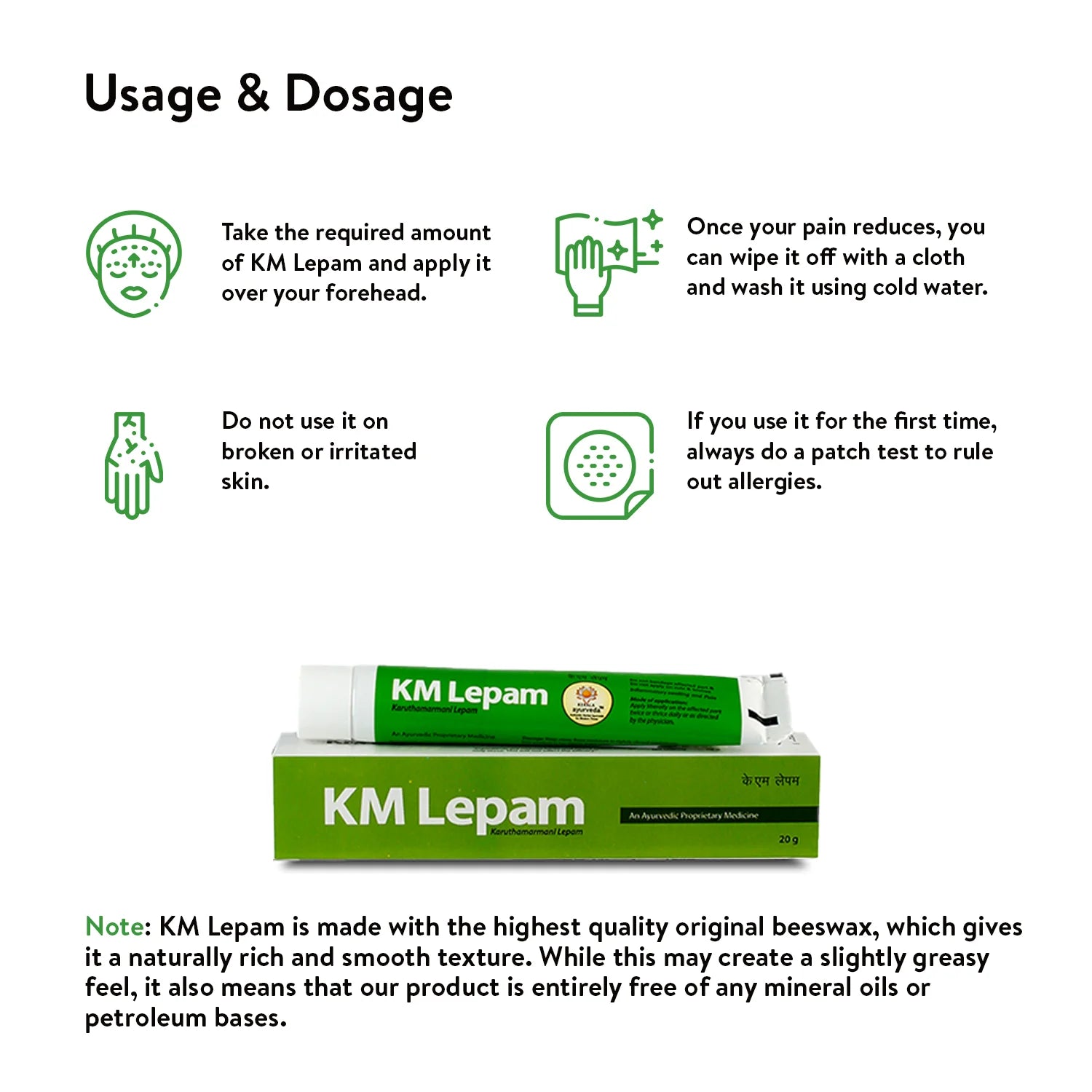 Banner showing how to use KM Lepam cream with application tips and safety precautions – Kerala Ayurveda India