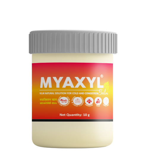 Front view of a white jar of Kerala Ayurveda Myaxyl Balm with a gray lid. The label is red and yellow, displaying "MYAXYL® Balm" and "YOUR NATURAL SOLUTION FOR COLD AND CONGESTION," along with icons for headache, cold, and chest congestion. It indicates "Net Quantity: 10g". – Kerala Ayurveda India
