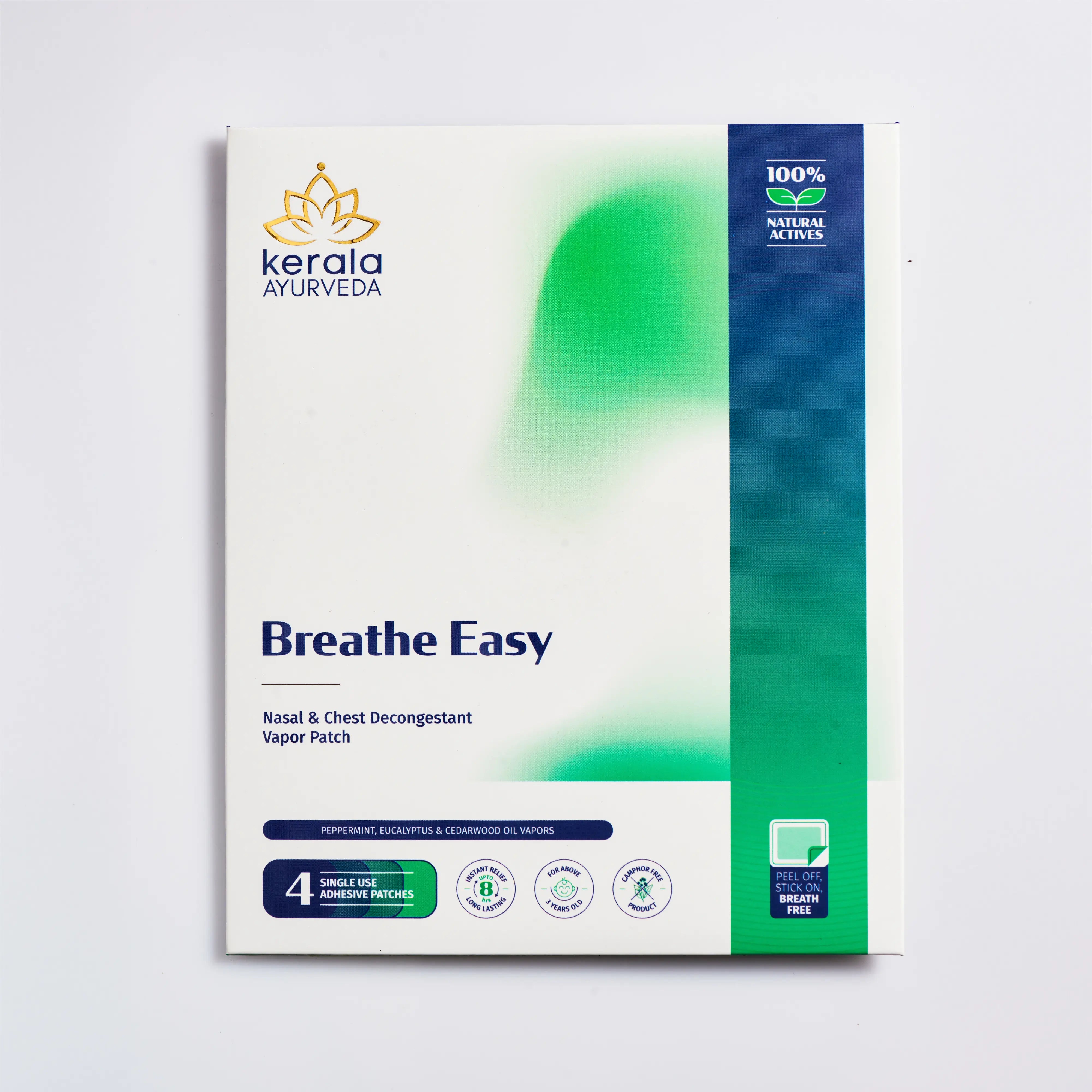 Front view of the Kerala Ayurveda Breathe Easy Vapour Patch packaging, with a white, green, and blue design. It prominently displays "Breathe Easy Nasal & Chest Decongestant Vapor Patch" and highlights "4 SINGLE USE ADHESIVE PATCHES." – Kerala Ayurveda India