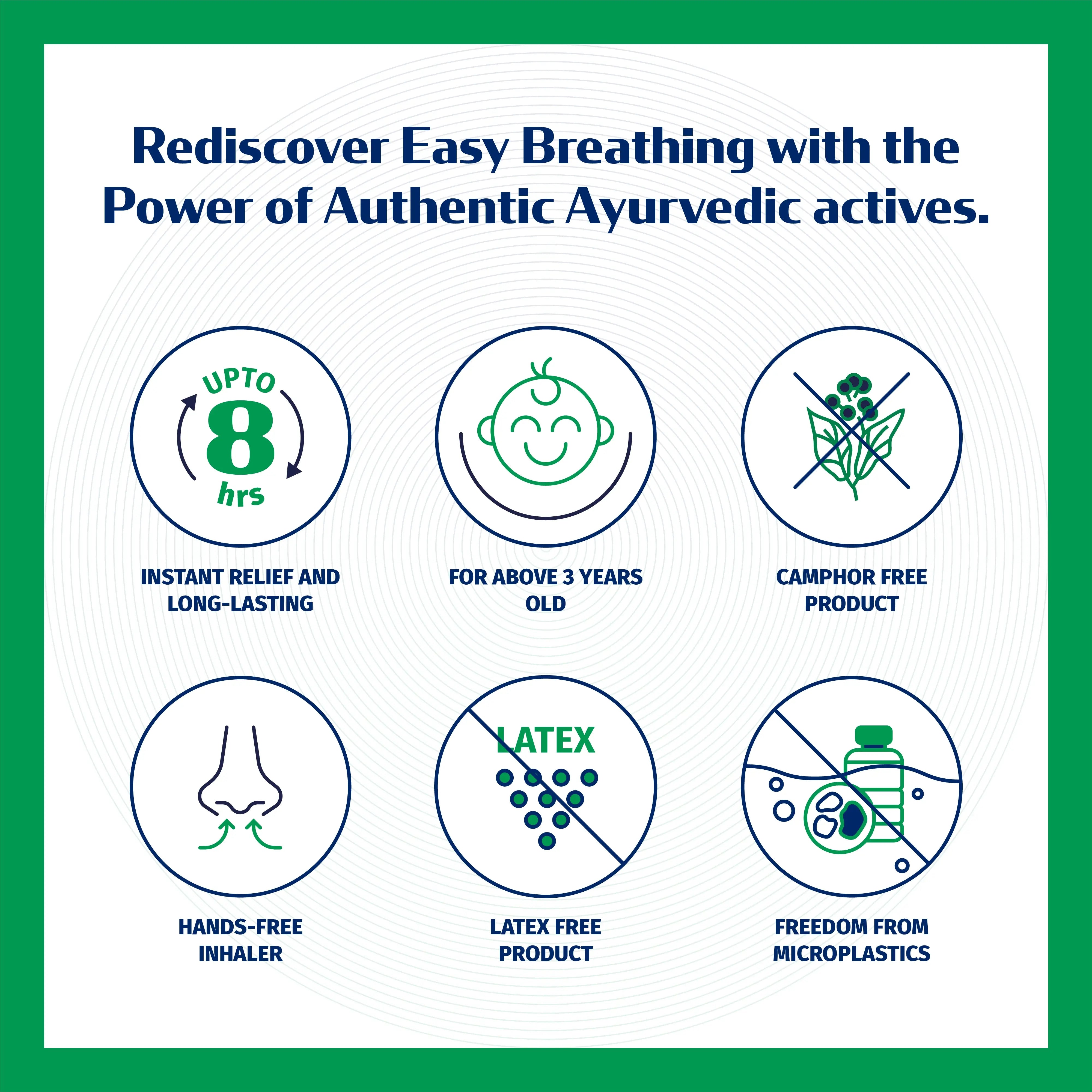 Banner titled "Rediscover Easy Breathing with the Power of Authentic Ayurvedic actives" for Breathe Easy Vapour Patch. It highlights features like "UPTO 8 hrs" instant relief, suitable "FOR ABOVE 3 YEARS OLD," "CAMPHOR FREE," "HANDS-FREE INHALER," "LATEX FREE," and "FREEDOM FROM MICROPLASTICS." – Kerala Ayurveda India