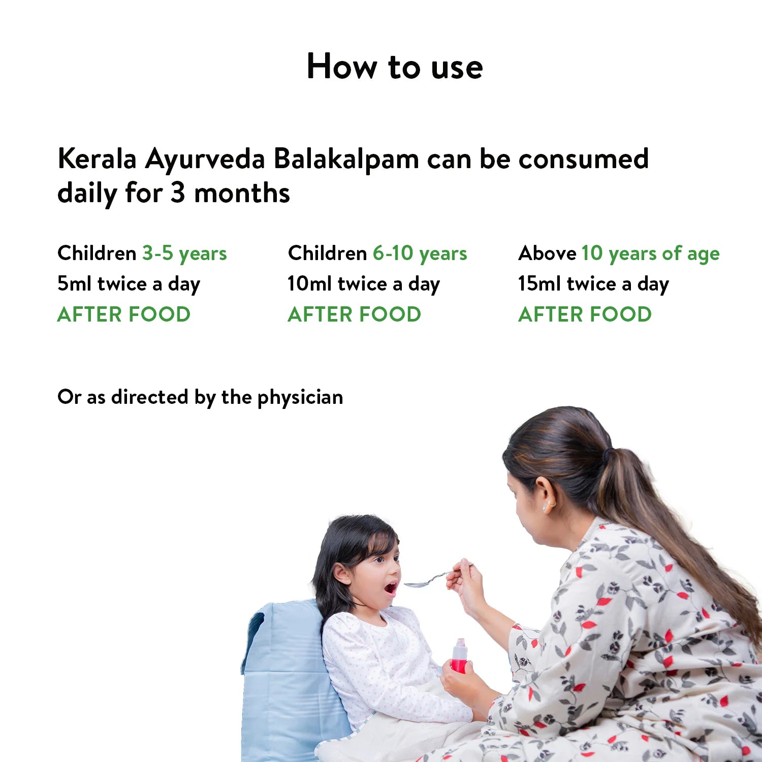 Usage guide for Balakalpam: age-wise dosage table (3-5 yrs 5 ml, 6-10 yrs 10 ml, 10 yrs + 15 ml) illustrated by mother spoon-feeding child – Kerala Ayurveda India