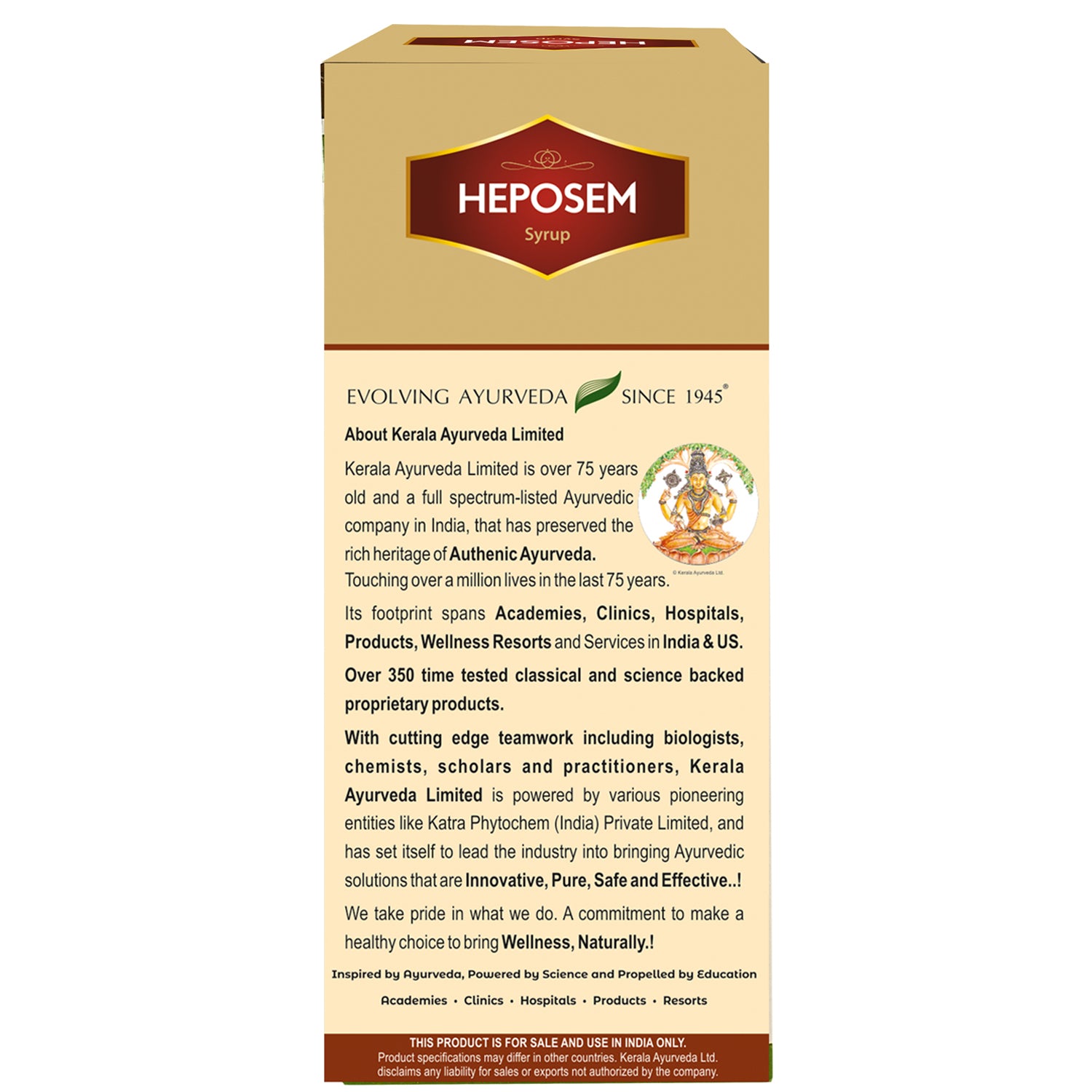 Side view of the Kerala Ayurveda Heposem Syrup box, detailing the ingredients per 10 ml syrup, dosage i