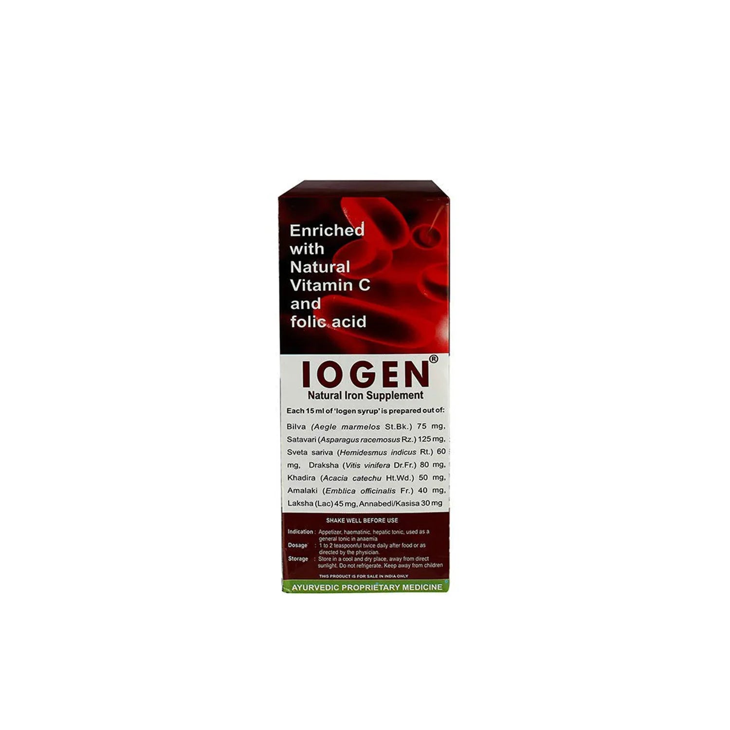 Close-up of the Iogen Syrup box, emphasizing "Enriched with Natural Vitamin C and folic acid." The label lists ingredients and provides dosage and storage instructions. – Kerala Ayurveda India