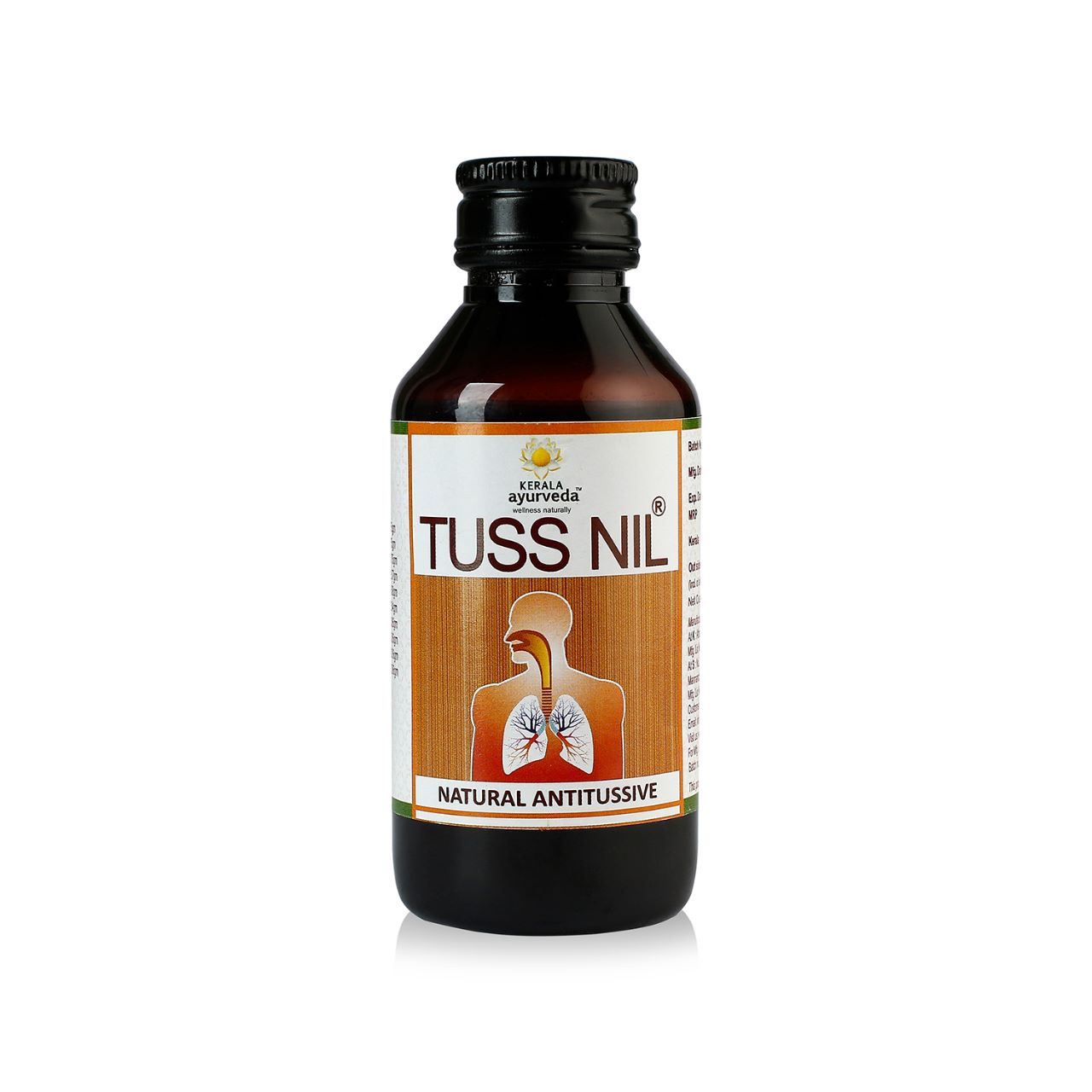 Front-facing bottle of Kerala Ayurveda Tussnil Syrup, an Ayurvedic cough-relief and herbal expectorant throat-soothing syrup – Kerala Ayurveda India