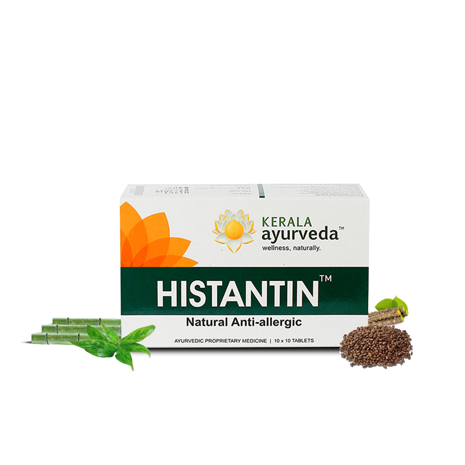 Clean product hero shot of the Histantin™ Natural Anti-allergic tablet box with supportive Ayurvedic herbs (bamboo silica, bhunimba leaves, guduchi stem, prapunnada seeds) at its base – Kerala Ayurveda India