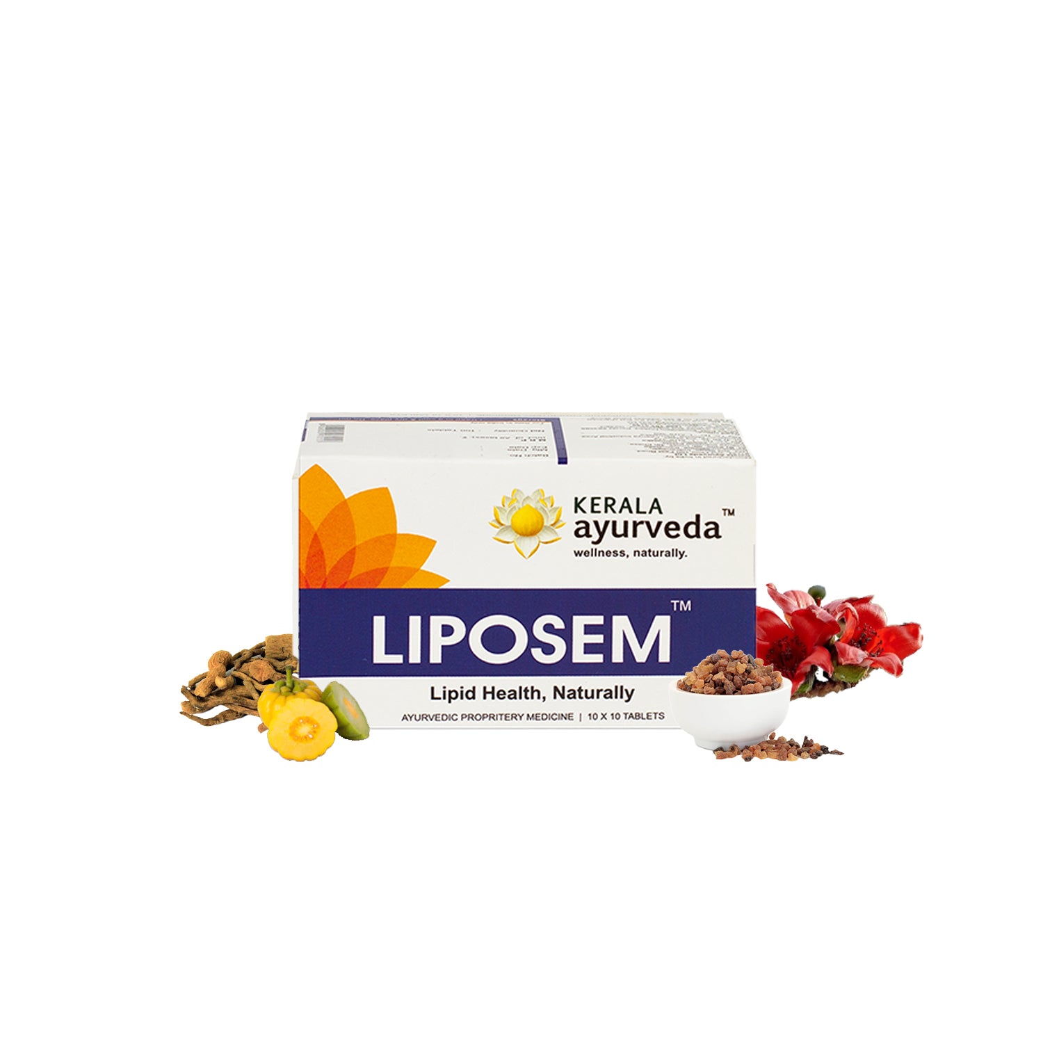 Front packshot of Liposem box flanked by key herbs, presenting the ayurvedic cholesterol tablet as a natural solution for a healthy lipid profile – Kerala Ayurveda India