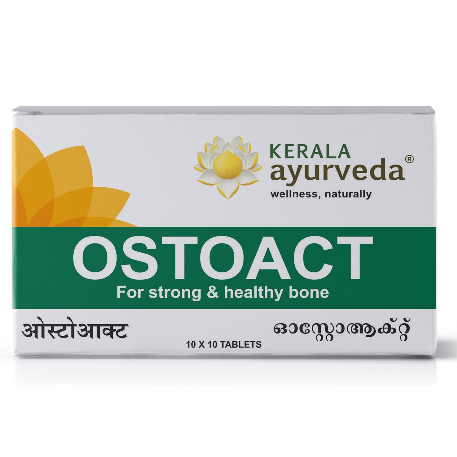 Front view of the Kerala Ayurveda Ostoact Tablet box, with a white, orange, and green design. It prominently displays "OSTOACT For strong & healthy bone" in English and regional scripts, along with "10 X 10 TABLETS". – Kerala Ayurveda India