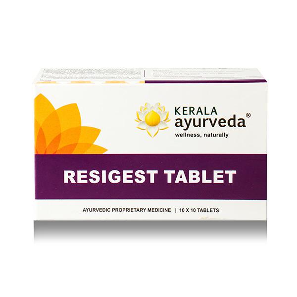 Front view of the Kerala Ayurveda Resigest Tablet box, with a white, orange, and purple design. It displays the product name "RESIGEST TABLET" and states "AYURVEDIC PROPRIETARY MEDICINE | 10 X 10 TABLETS". – Kerala Ayurveda India