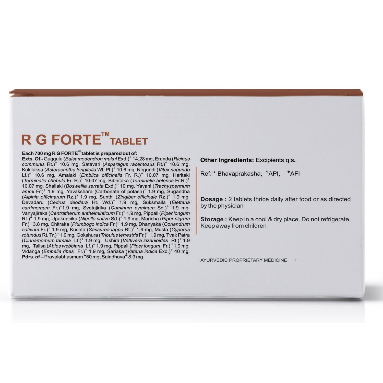 Back view of the Kerala Ayurveda RG Forte Tablet box, showing the net quantity of 100 tablets, manufacturing details by Kerala Ayurveda Ltd., customer care contact, and a barcode. – Kerala Ayurveda India