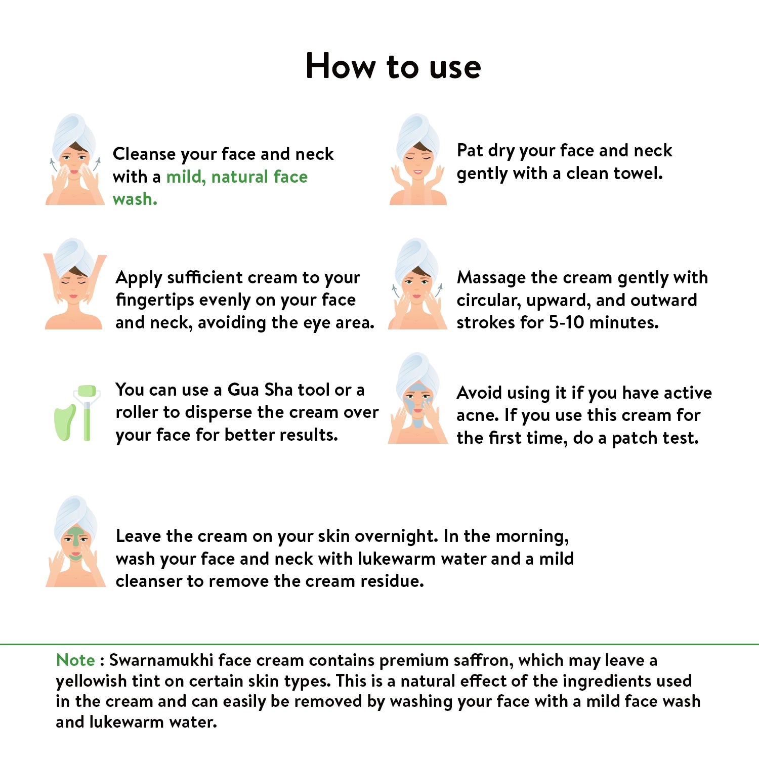 Step-by-step “How to use” infographic with illustrated woman applying cream and care notes beneath.