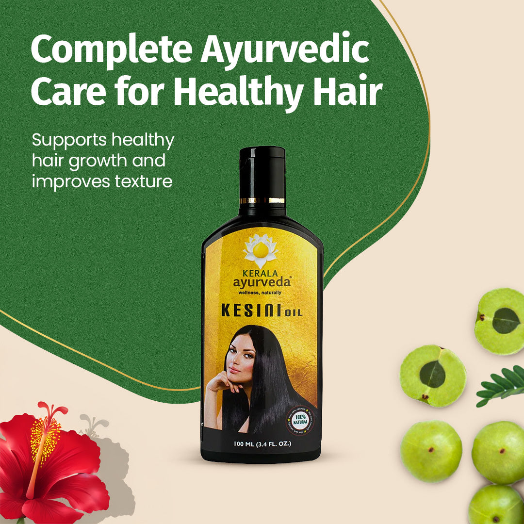 Complete ayurvedic care banner featuring Kesini Hair Oil bottle with hibiscus and amla, positioned as a natural anti-dandruff herbal oil – Kerala Ayurveda India