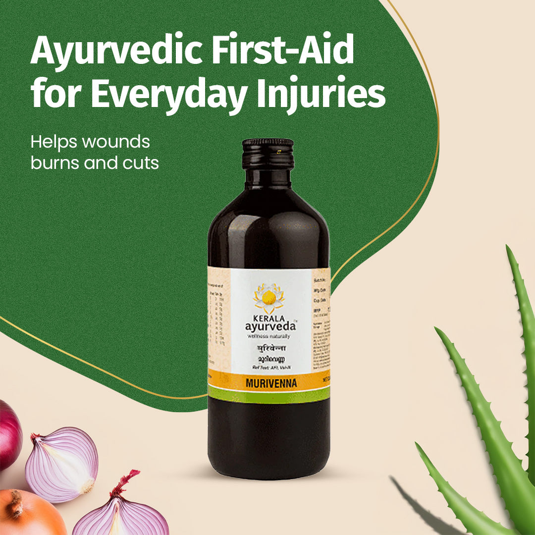 Banner featuring the Kerala Ayurveda Murivenna Thailam bottle surrounded by herbs, with the text "Ayurvedic First-Aid for Everyday Injuries" to help wounds, burns, and cuts. – Kerala Ayurveda India