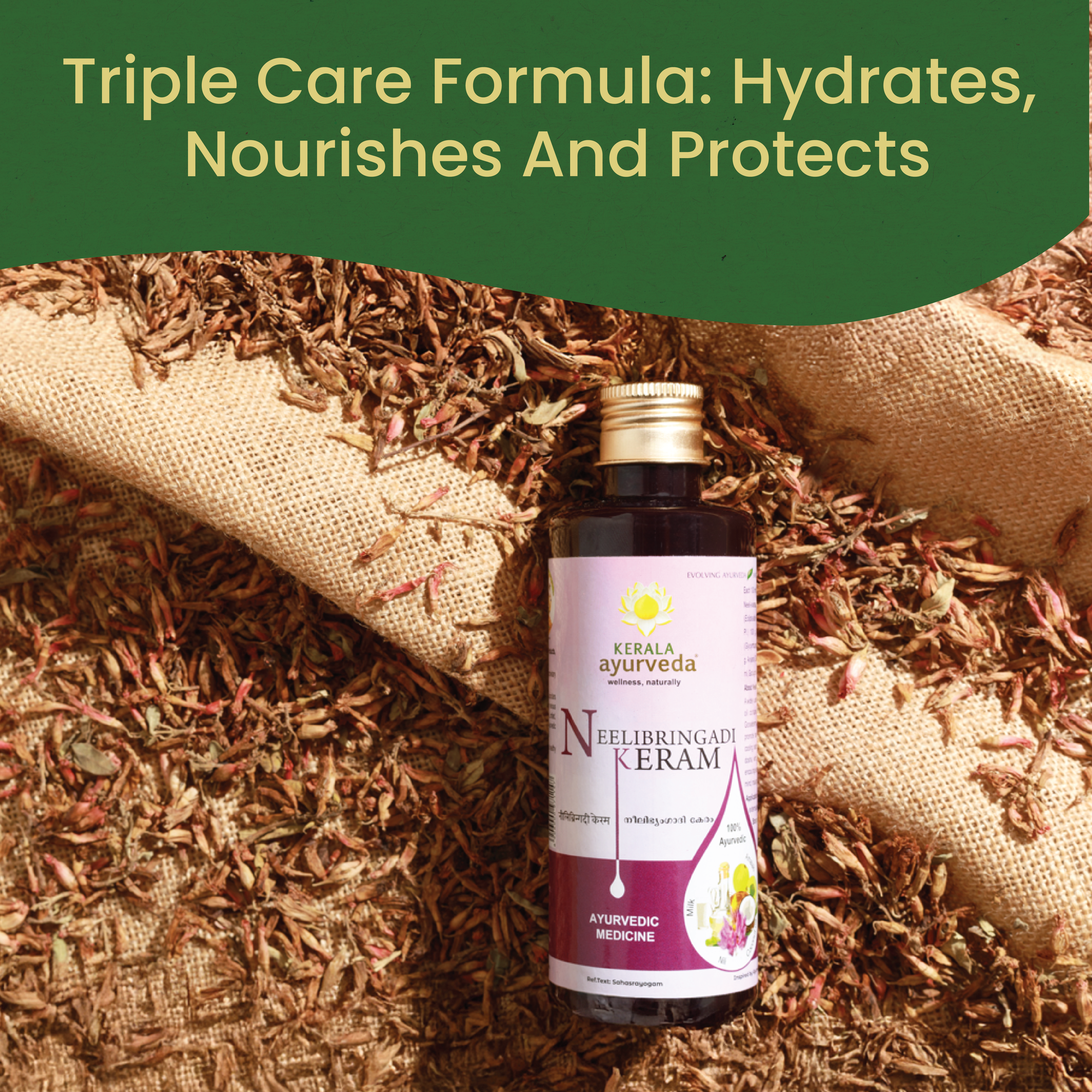 Neelibringadi Keram Ayurvedic hair oil bottle resting on dried herbal ingredients, triple care formula hydrates, nourishes and protects – Kerala Ayurveda India