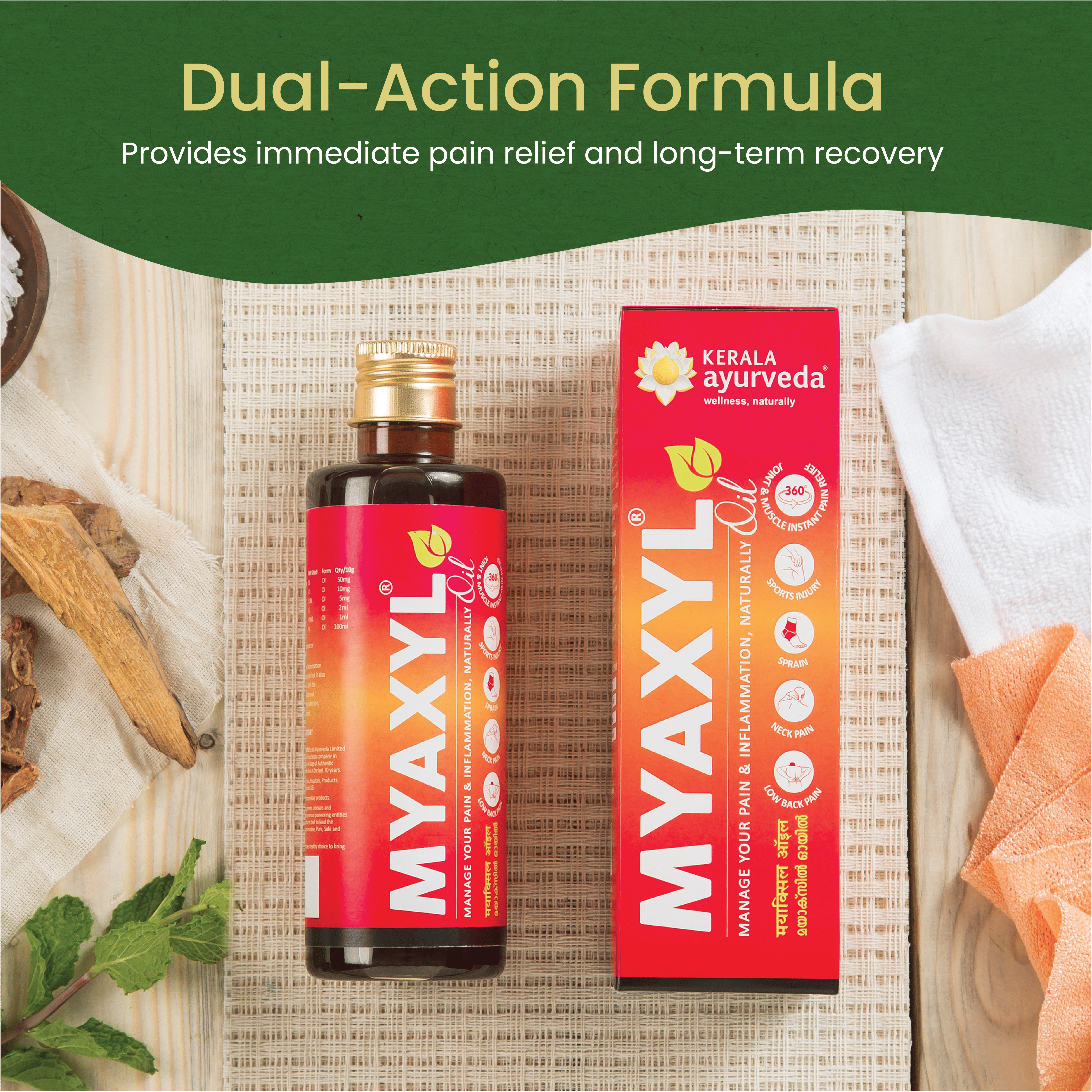 Overhead shot of Myaxyl Oil bottle and boxed pack on beige mat with herbs and towel; green banner reads “Dual-Action Formula: immediate pain relief and long-term recovery” – Kerala Ayurveda India