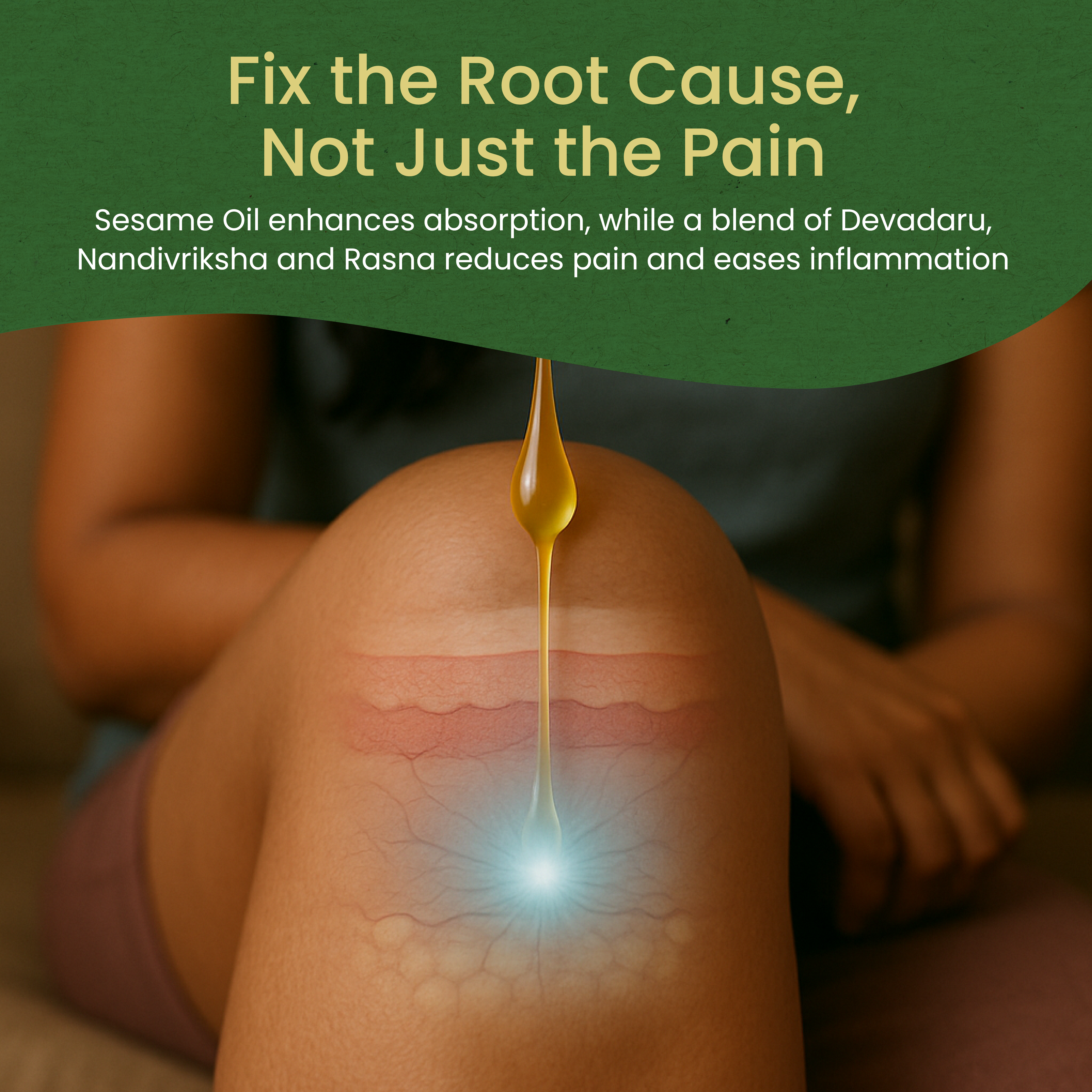 Close-up of knee with translucent tissue layers; golden stream of oil illustrated penetrating to a glowing point, captioned “Fix the Root Cause, Not Just the Pain” – Kerala Ayurveda India